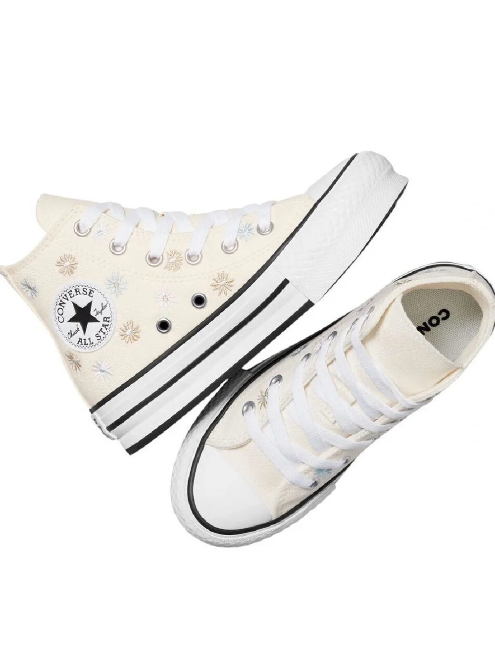 Converse High Top Sneakers in Cream and White with Floral Embroidery NWOB Size 6 - Picture 12 of 14